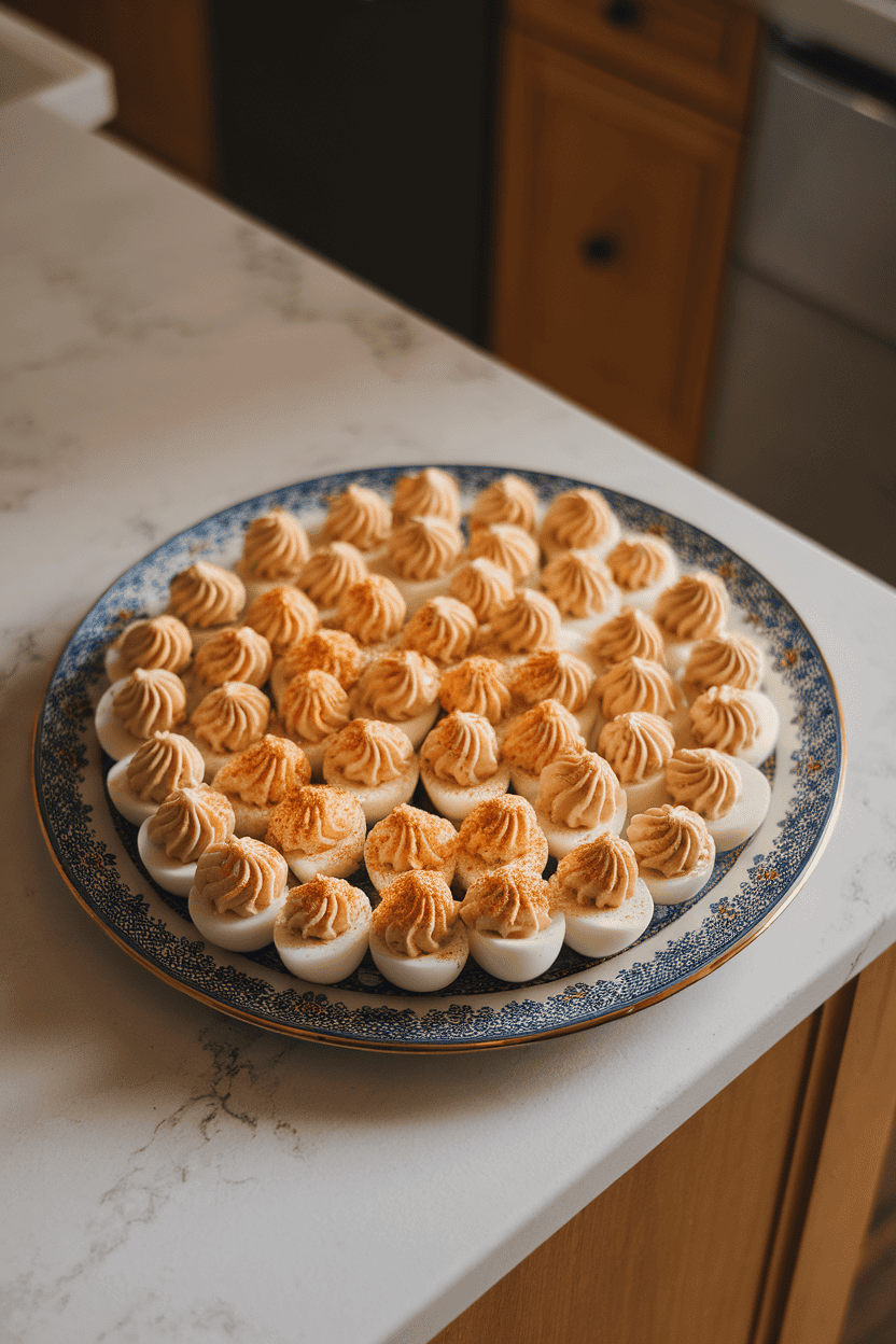 An indoor kitchen island featuring a porcelain platter of neatly piped deviled eggs sprinkled with smoked paprika, overhead lighting highlighting the creamy filling. No text or logos; photo, not illustration.