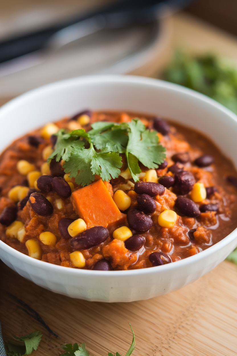 Indoor photo of a bowl of vegetarian chili with chunks of sweet potato, black beans, and corn, garnished with cilantro. No text or logos.