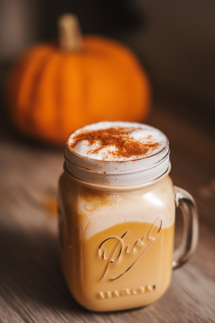 Indoor photo of a mason jar filled with pumpkin-spiced milk, cinnamon dusted on the foam, and a small pumpkin in the blurred background. No text or logos.