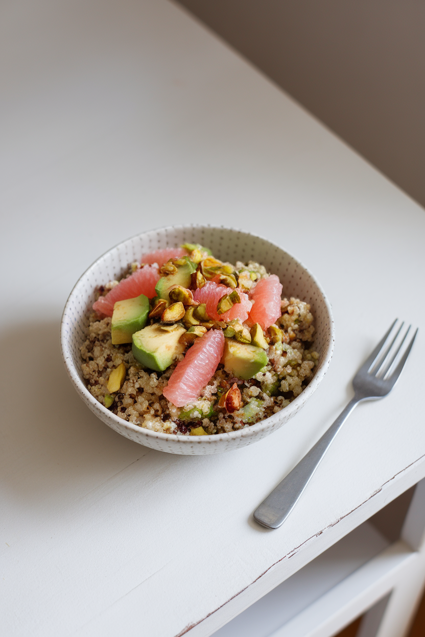Indoor tabletop featuring quinoa with avocado cubes, pink grapefruit segments, and crushed pistachios; no text or logos.