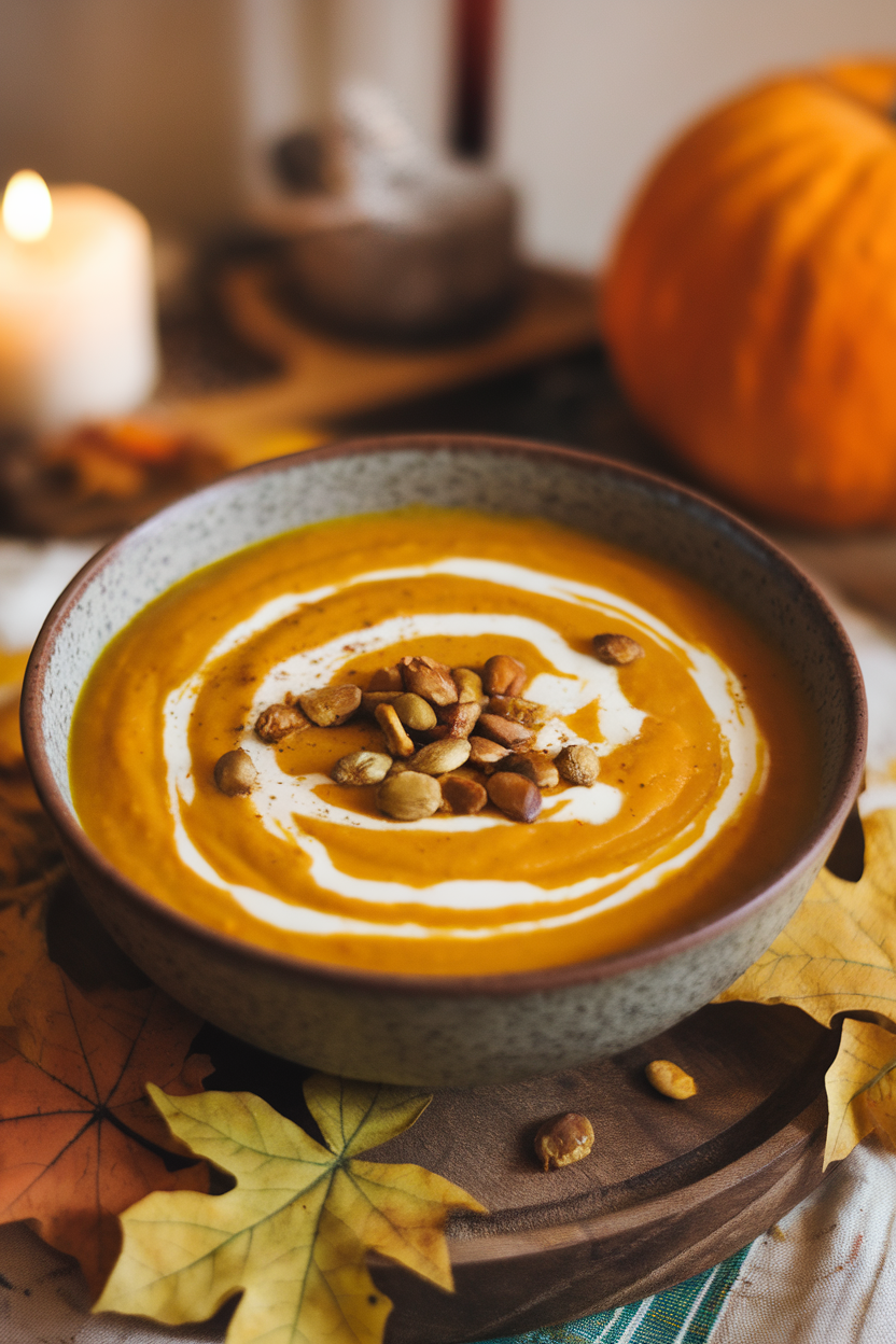A shallow bowl indoors filled with creamy pumpkin soup, swirled with cream and topped with toasted pepitas; no text or logos. Photo.</Prompt