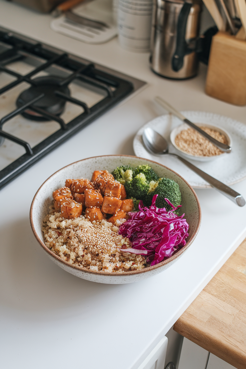 Indoor kitchen counter photo showing a bowl of quinoa, sesame-ginger glazed tempeh cubes, steamed broccoli, shredded red cabbage, and toasted sesame seeds. No logos or text visible.