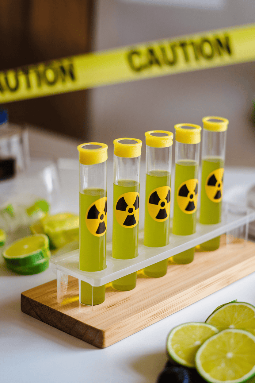 An indoor lab-themed setup with radioactive lime jello shots in clear test tubes, yellow caution tape in background, no logos