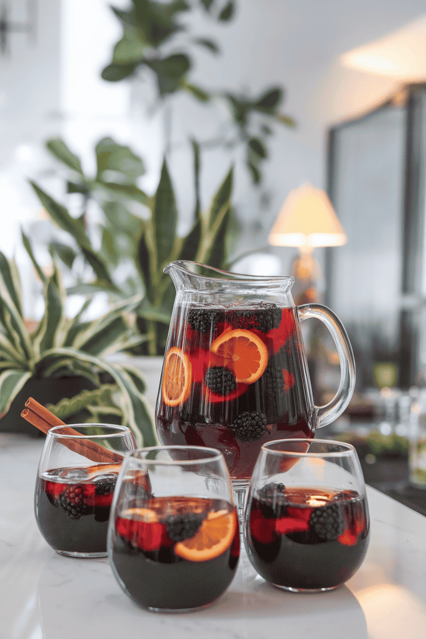 Indoor bar counter with a glass pitcher of deep red sangria, floating blackberries, orange slices, and cinnamon sticks, served in stemless goblets. Photograph; no text or logos.