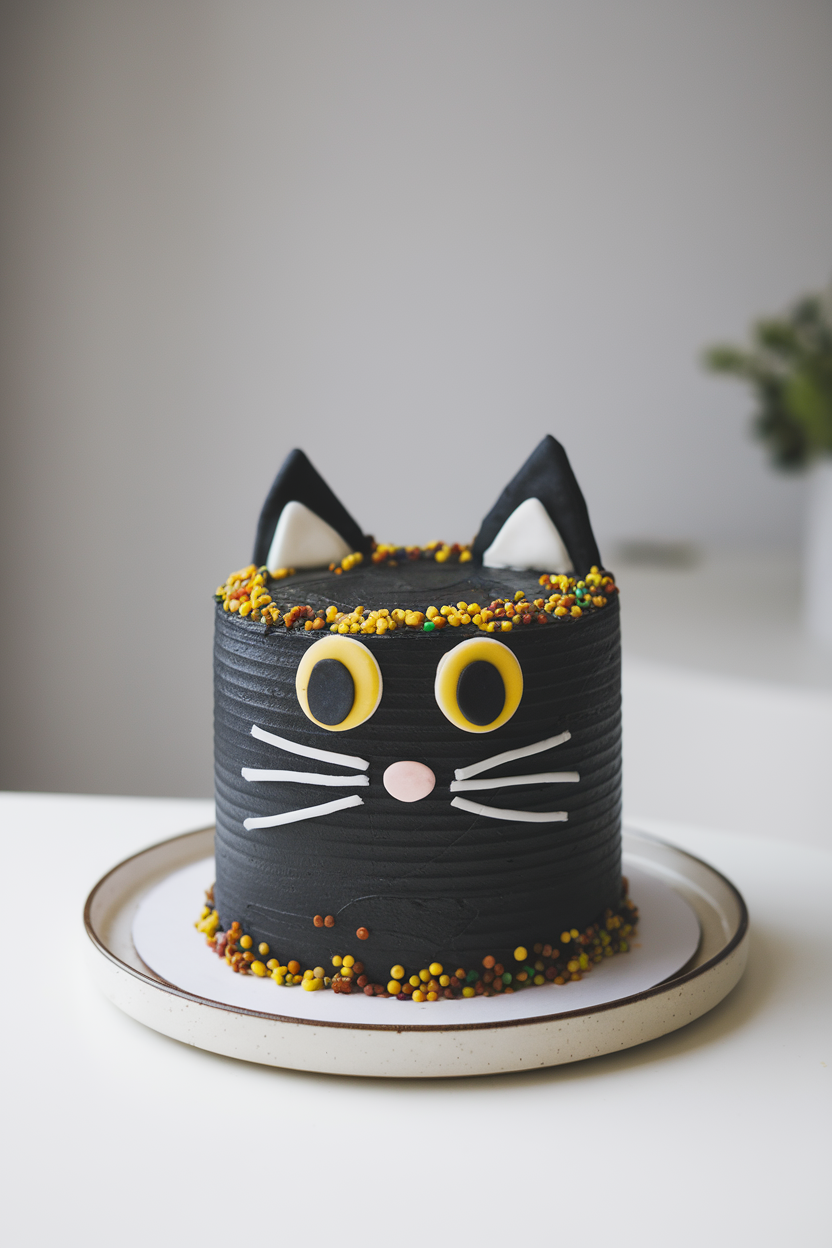 Indoor photo of a black frosted cake featuring fondant cat ears and yellow candy eyes, displayed on a simple white plate. No text or logos.