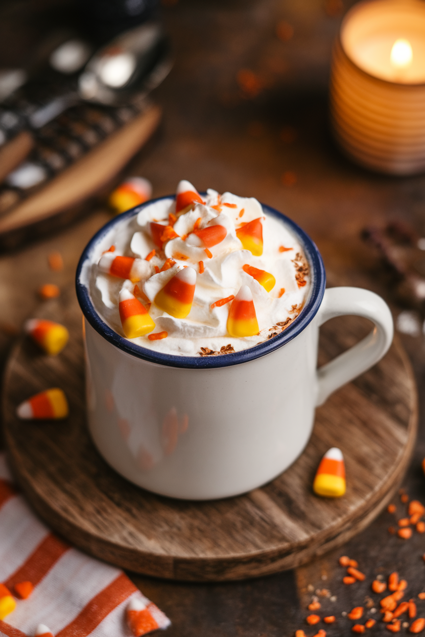 Indoor photo of creamy white hot chocolate with mini candy corn pieces sprinkled on whipped cream. No text or logos present.