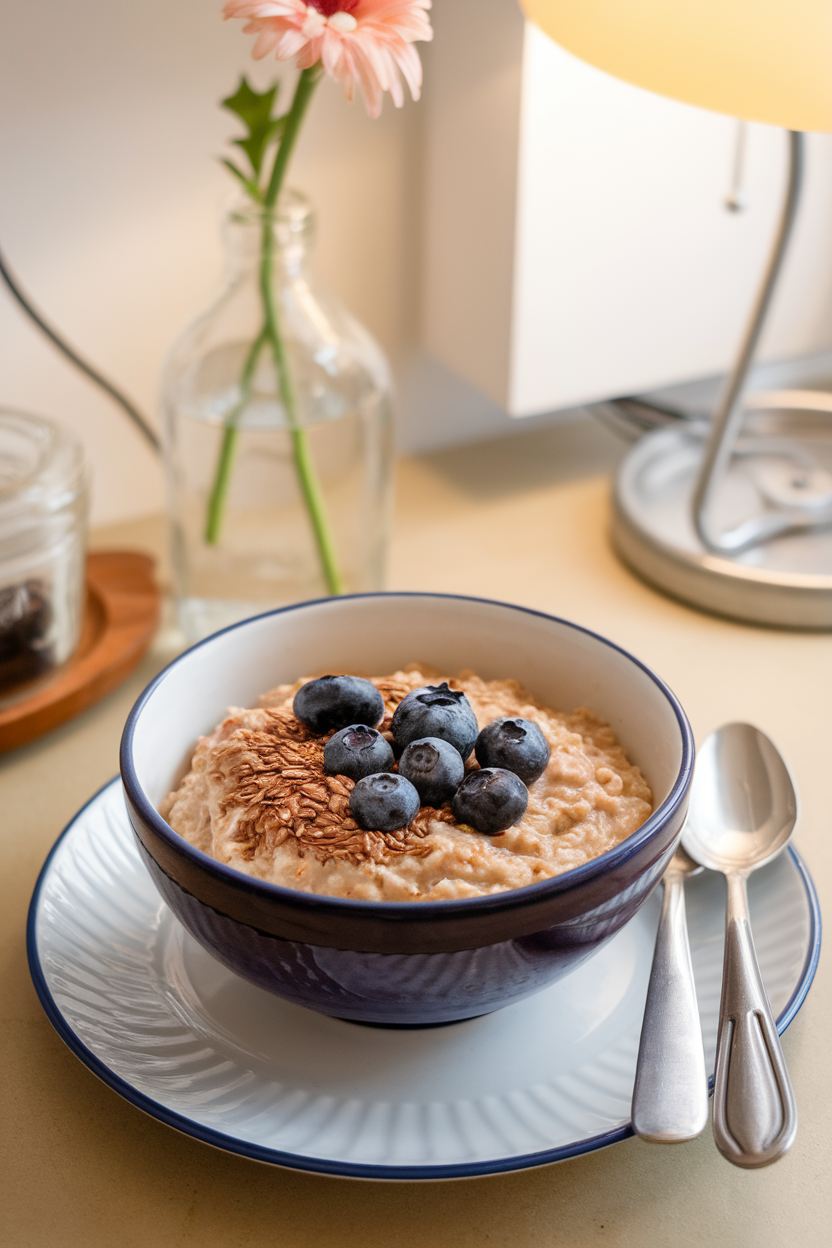Indoor photo of a bowl of cooked oats topped with ground flaxseed and blueberries on a breakfast table; no text or logos