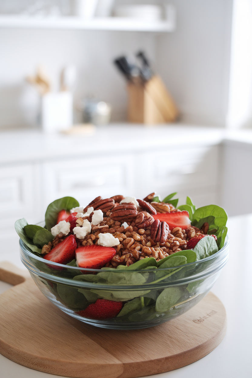 Indoor photo of a salad bowl with baby spinach, sliced strawberries, cooked farro, toasted pecans, and crumbled goat cheese. Bright kitchen lighting, no logos or text.