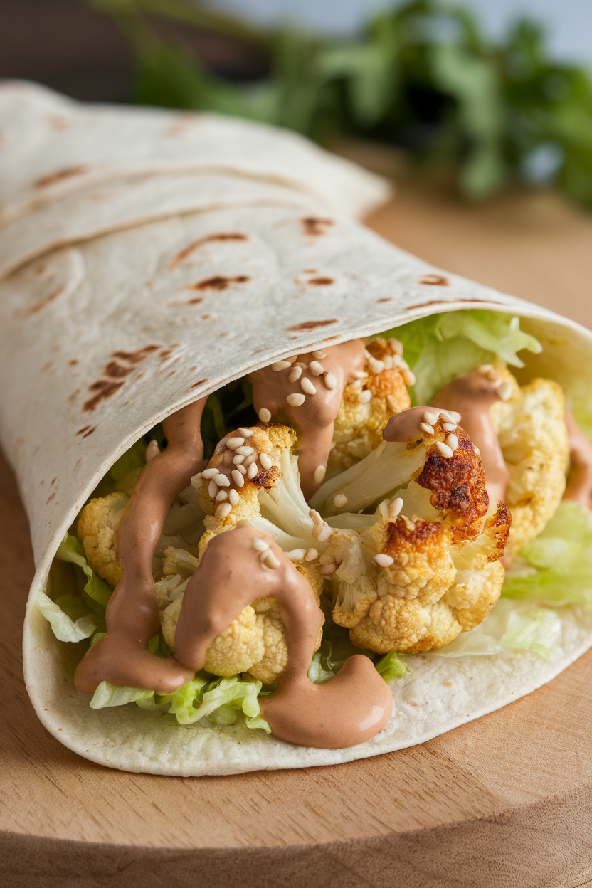 An indoor photo of a whole-wheat tortilla stuffed with roasted cauliflower florets, shredded lettuce, and tahini sauce, no text or logos.