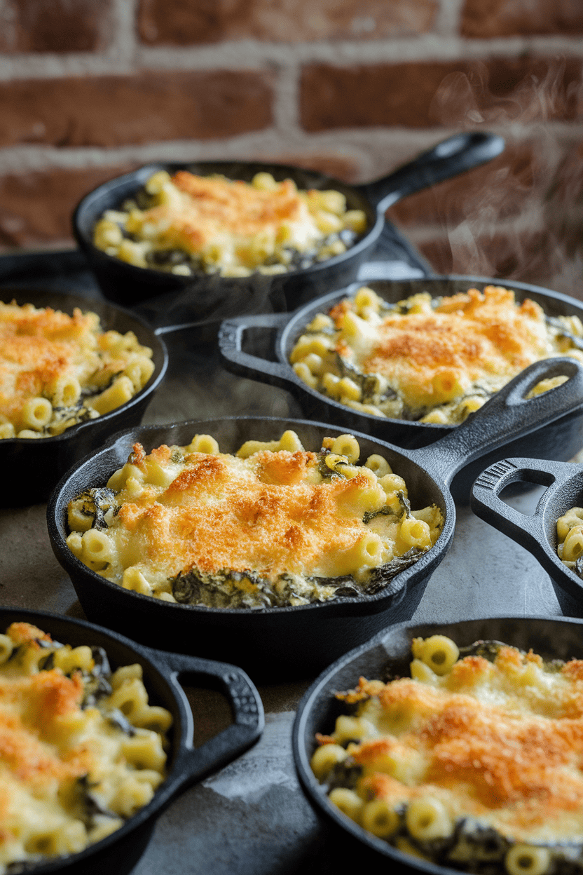 Indoor photo of cast-iron mini skillets filled with bubbling green macaroni and cheese made with spinach-purée. Steam visible, no text or logos.