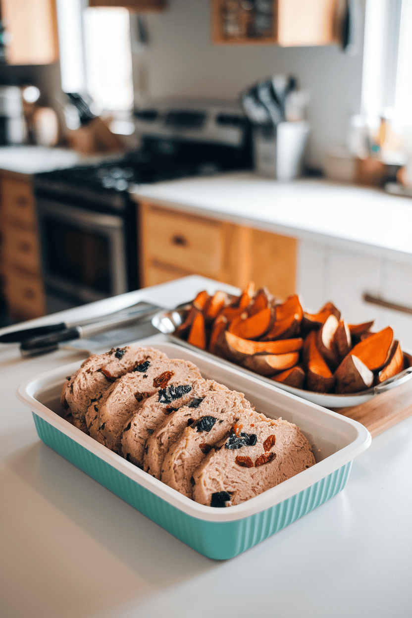 Indoor kitchen counter with sliced turkey meatloaf studded with spinach and sun-dried tomatoes, arranged in a container next to roasted sweet potato wedges. No logos anywhere.