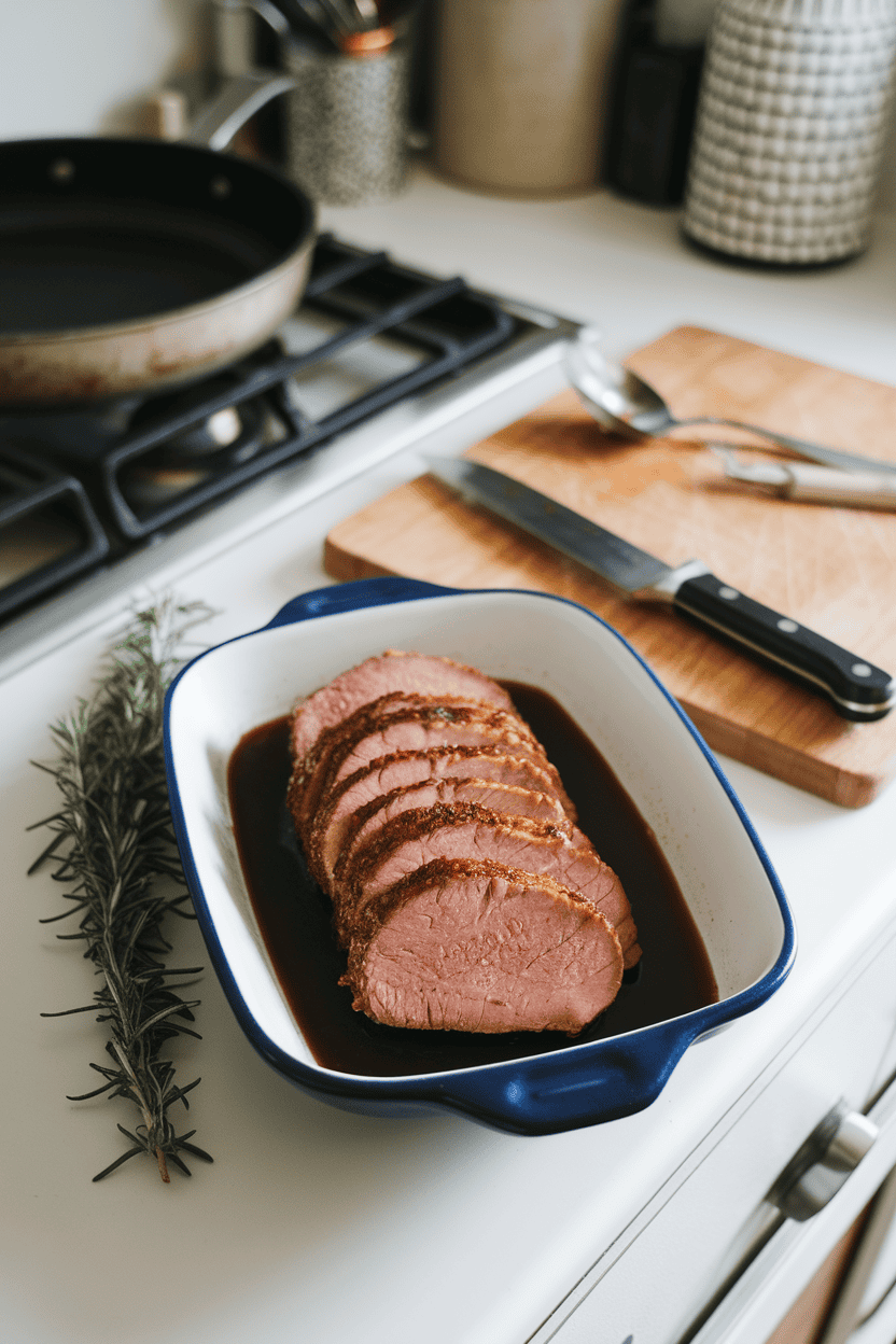 An indoor kitchen counter with sliced pork tenderloin drizzled in a dark balsamic reduction, rosemary sprigs beside. No text or logos.