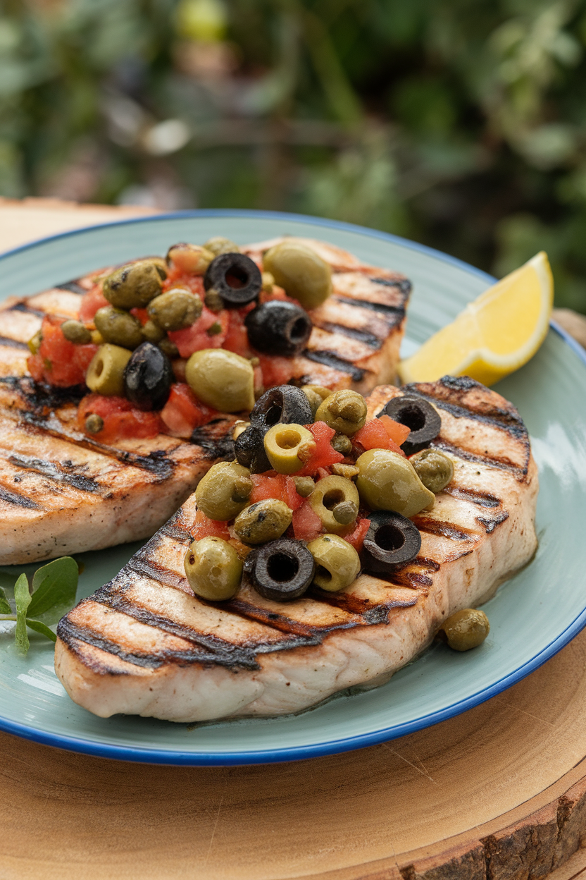 An indoor grill-pan shot of swordfish steaks with grill marks, topped with a chunky relish of olives, capers, and tomatoes. No logos; photography only.