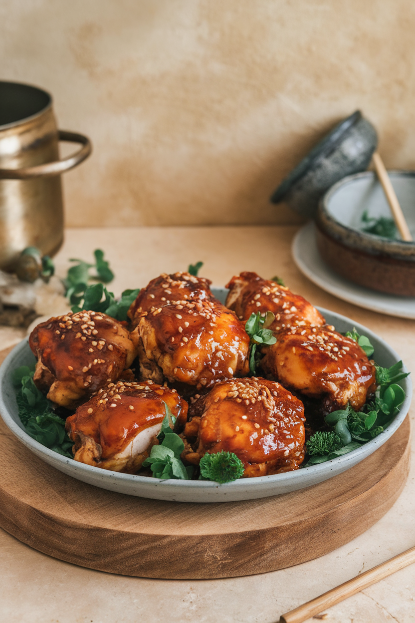 Indoor photo of sticky glazed chicken thighs on a platter, sesame seeds sprinkled, no text or logos. Photo only.