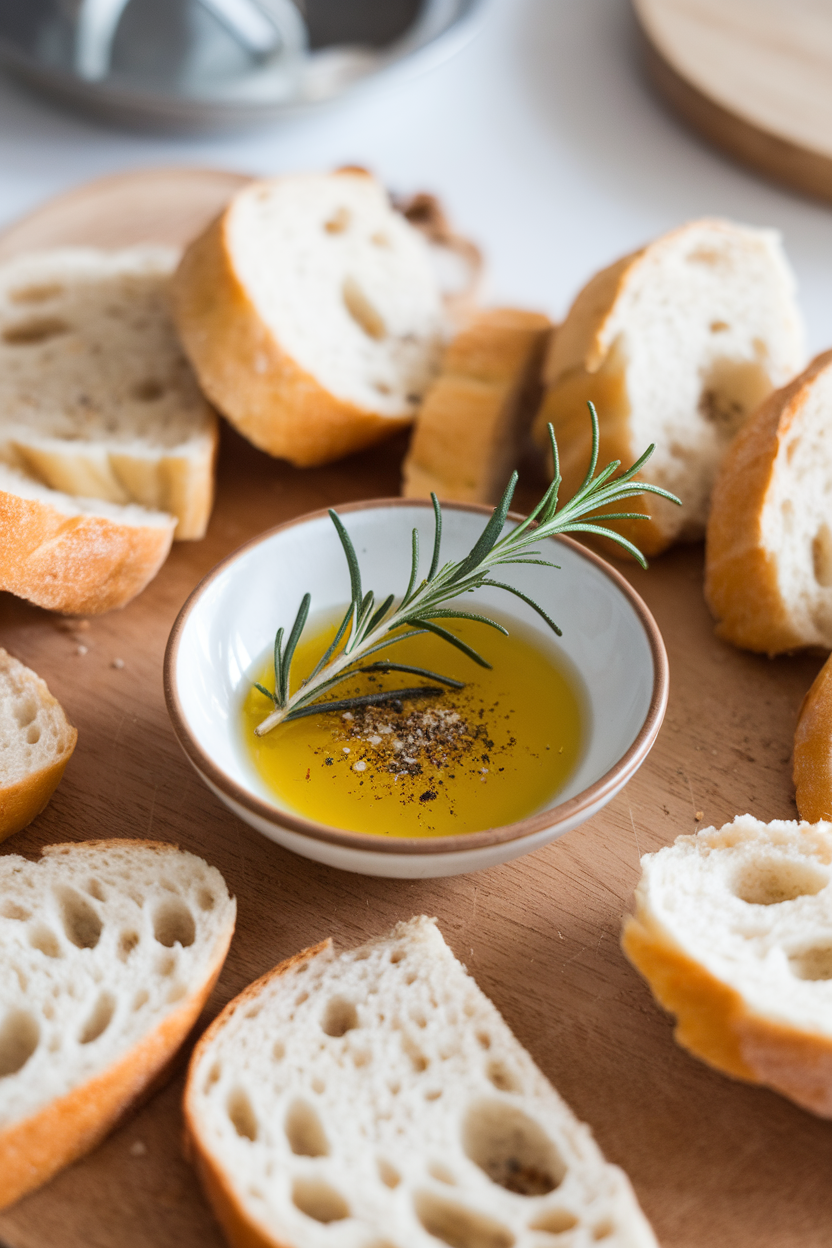 Photo of an indoor breadboard with a small bowl of golden olive oil topped with rosemary sprig and cracked pepper; no text or logos