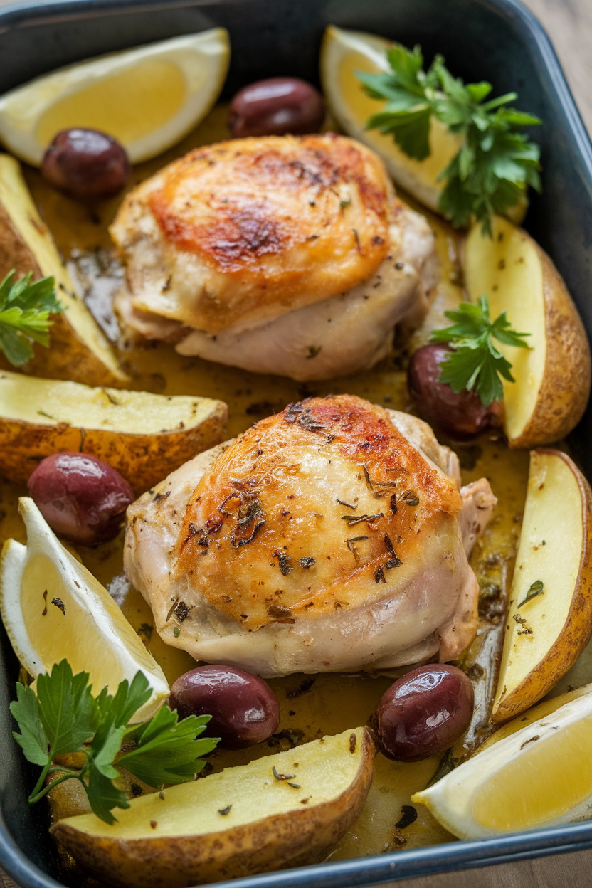 An indoor baking dish with golden roast chicken thighs nestled among lemony potato wedges, sprinkled with oregano and olives, fresh from the oven. No text or logos visible.