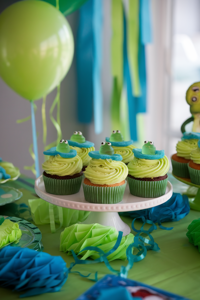 A party table indoors featuring lime-green frosted cupcakes topped with gummy frogs and blue sugar “water.” Photo only, no text or logos.
