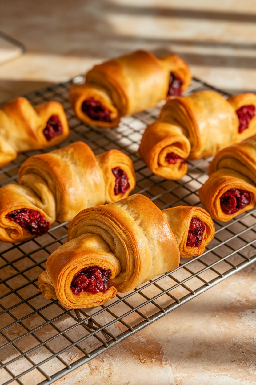 Photo of crescent rugelach pastries rolled with pumpkin and cranberry filling, indoor baking rack, no logos or text.