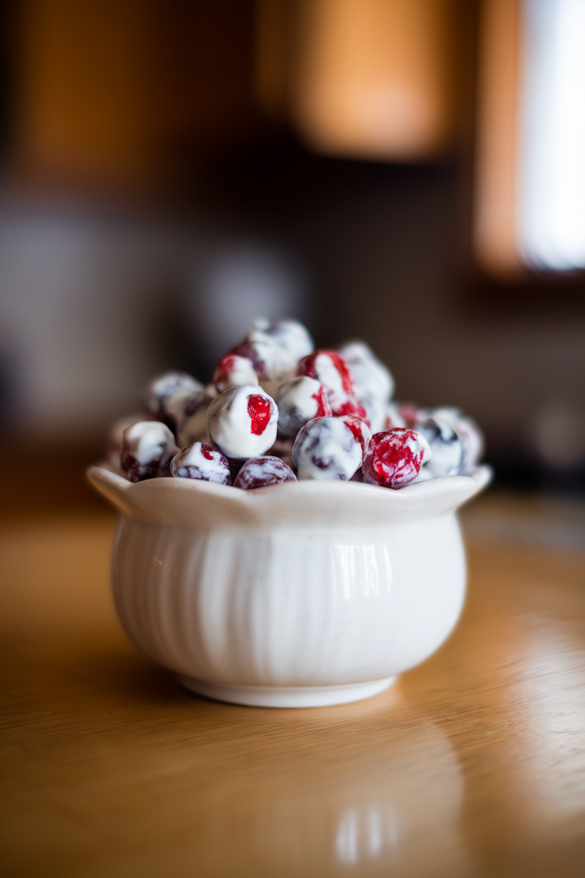 Indoor bowl filled with small yogurt-coated cranberries, glossy white coating and a cranberry cut-away showing red center. Soft lighting; no logos.