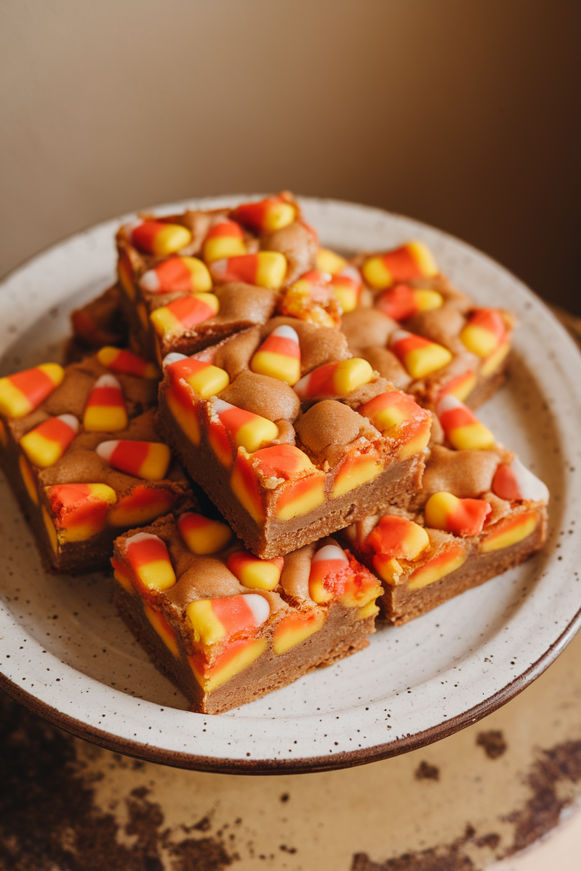Photo of chewy blondie squares studded with candy corn pieces on a ceramic plate indoors, soft overhead light, no text or logos.