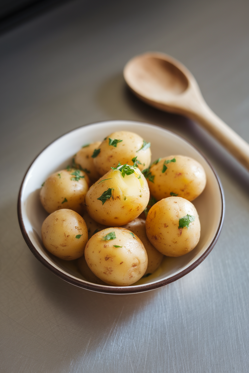Indoor kitchen counter with a small bowl of peeled boiled new potatoes, lightly dotted with chopped parsley and a hint of melted butter. No text or logos; photo only.