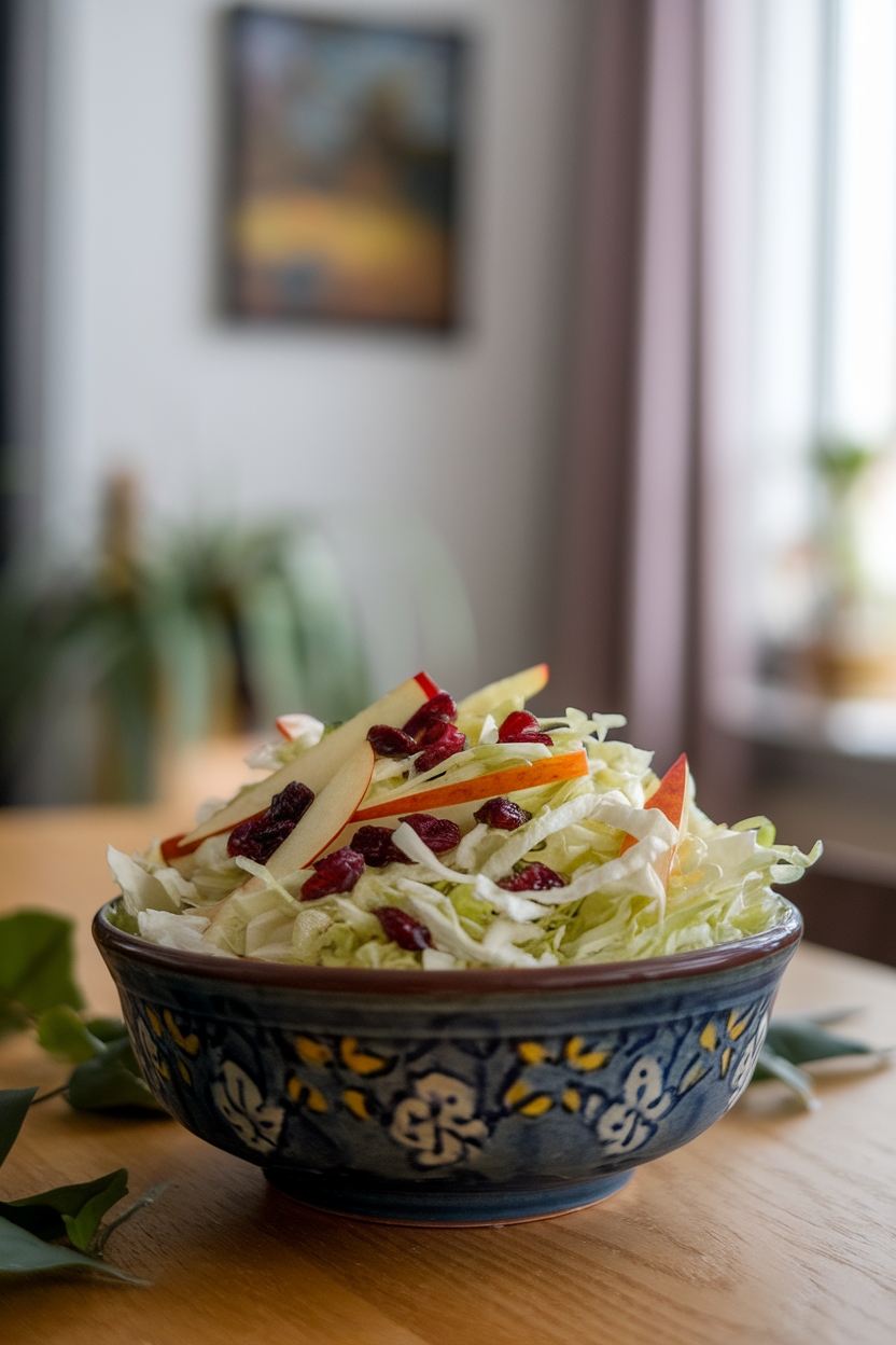 A ceramic bowl indoors filled with shredded cabbage, julienned apples, and dried cranberries tossed in light dressing; crisp focus, no text or logos. Photo only.