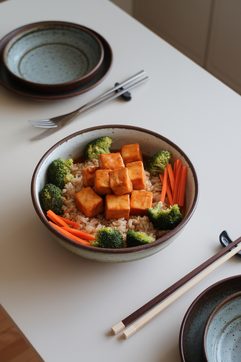 Photo of an indoor kitchen table with a ceramic bowl of glazed tofu cubes over steamed brown rice, surrounded by broccoli florets and julienned carrots, light reflecting off a mild teriyaki sauce. No text or logos anywhere in the frame.