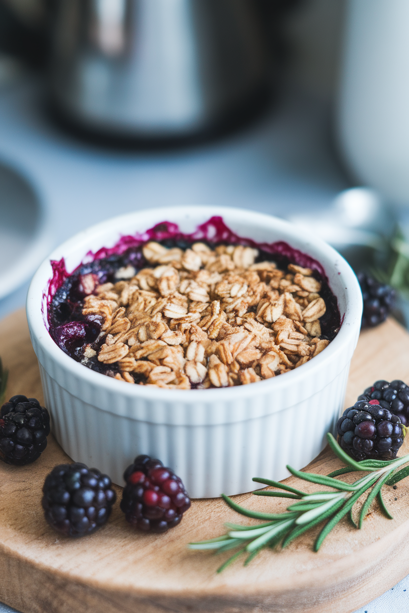 Indoor ramekin of blackberry crisp with oat topping, purple filling bubbling around the edges. No text or logos.