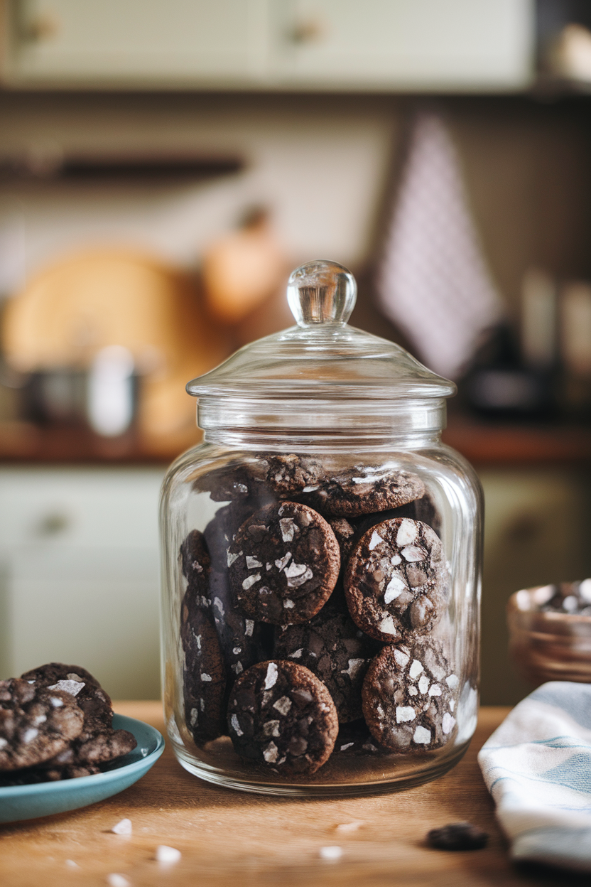 An indoor cookie jar brimming with jet-black almond cookies flecked with sea salt crystals. Photo only, no text or logos.