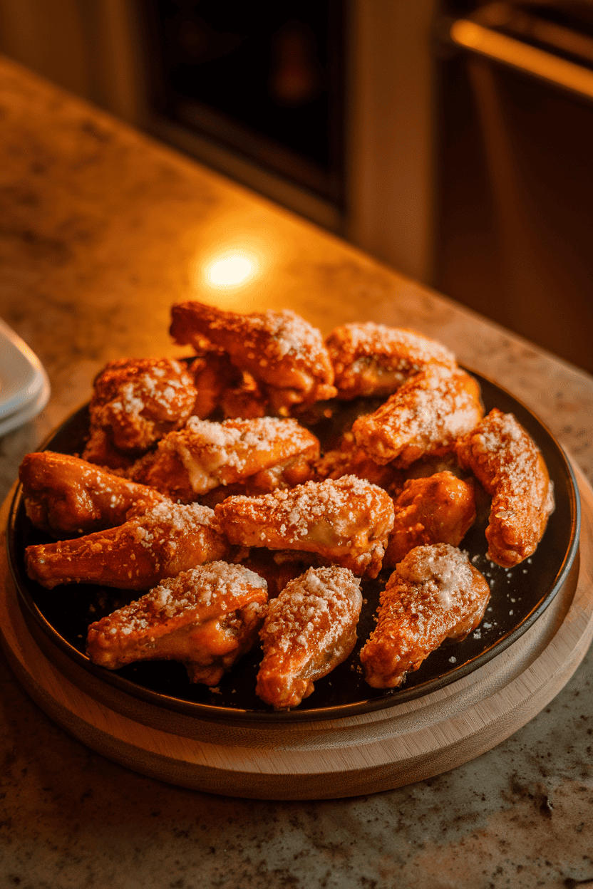 Photo of a platter of baked chicken wings coated in garlic butter and parmesan, glistening under indoor overhead lighting on a kitchen island. No text or logos appear.