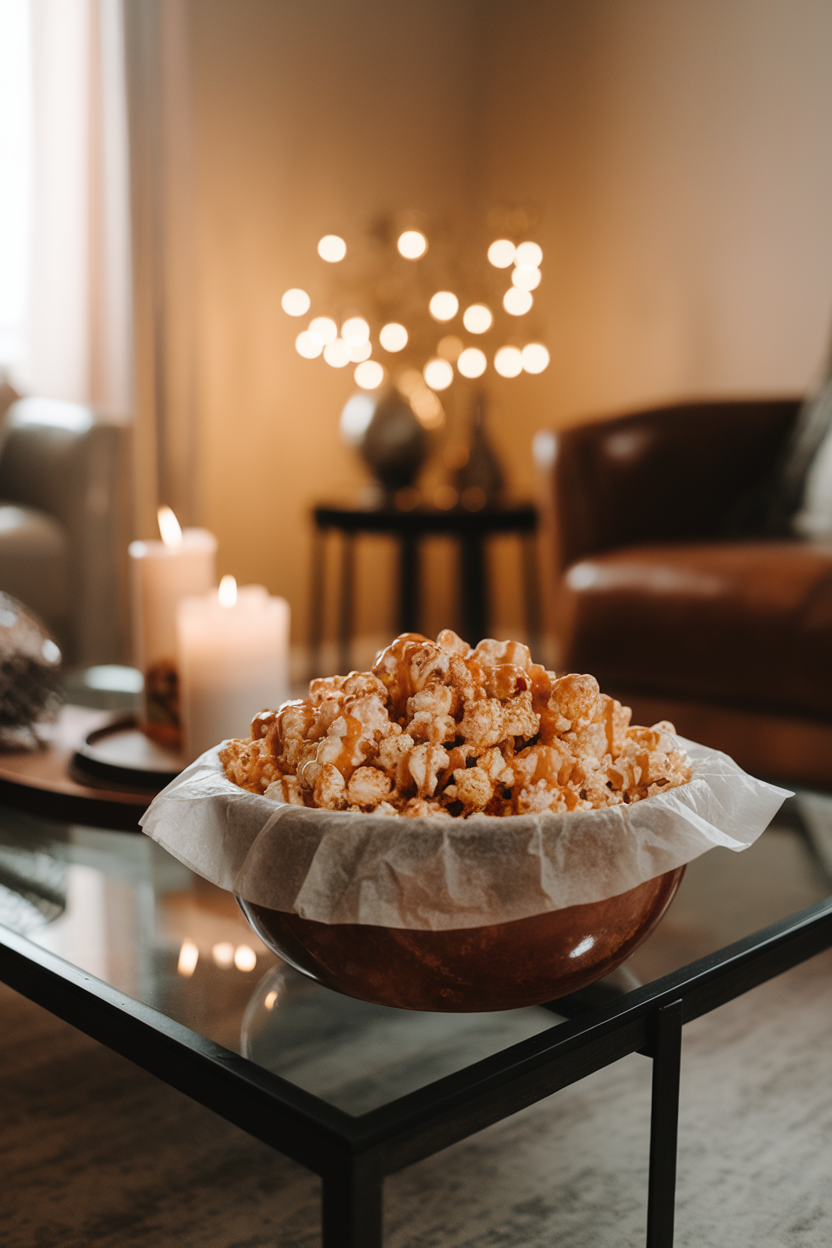 Indoor photo of a parchment-lined bowl filled with popcorn dusted in pumpkin spice and caramel drizzle on a coffee table; warm ambient light, no text or logos.