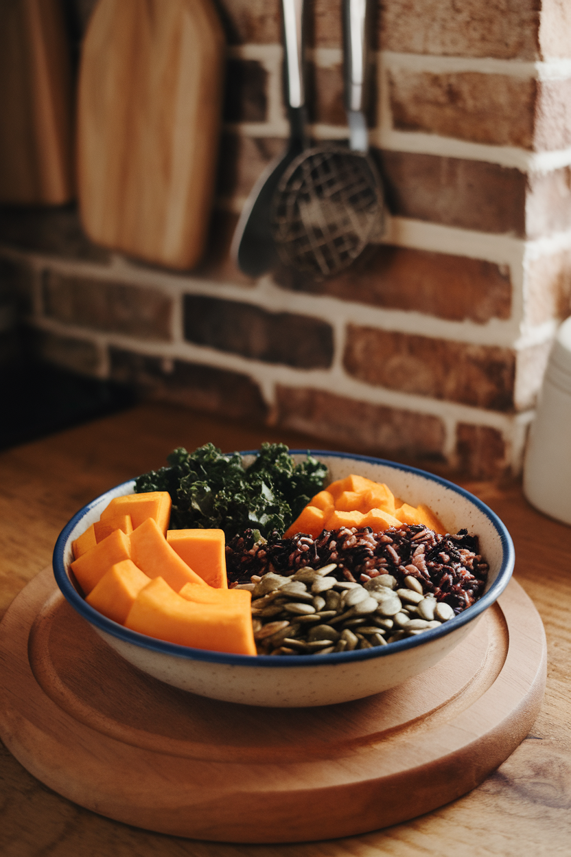 Photo of a bowl indoors featuring roasted butternut squash, kale, wild rice blend, and pumpkin seeds in neat sections. No text or logos.