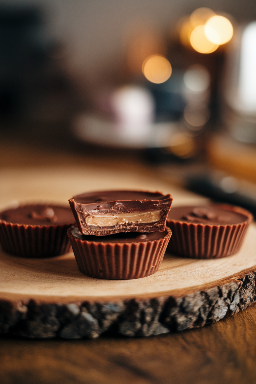 Photo of an indoor wooden tabletop holding a trio of chocolate peanut butter cups, one sliced in half to reveal the creamy center; warm ambient lighting, shallow depth of field, no text or logos visible