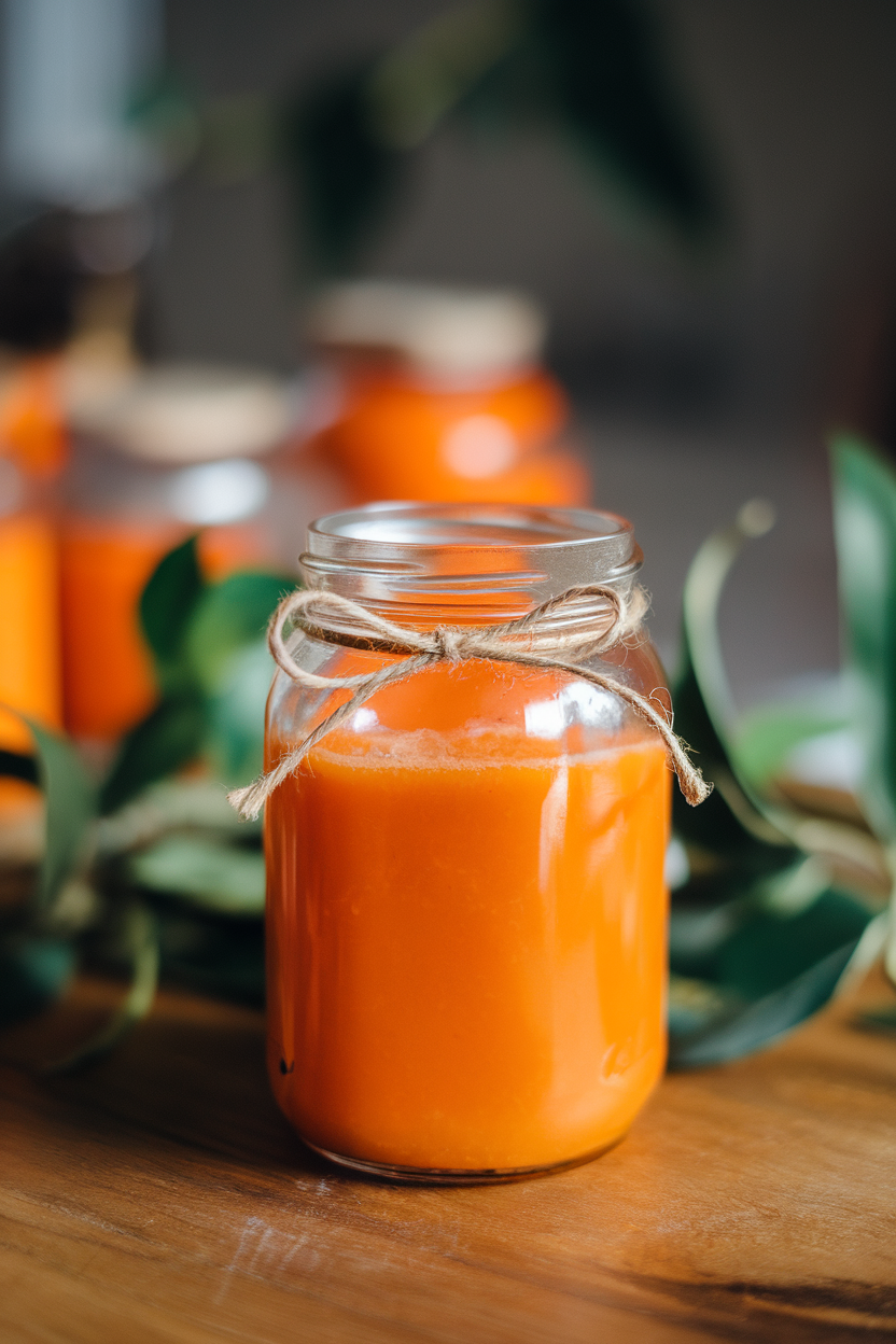 Indoor photo of bright orange carrot-mango juice in a clear glass jar tied with a rustic twine bow, set on a wooden table. No text or logos visible.