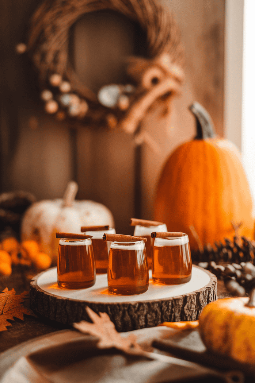 Cozy indoor autumn backdrop with amber jello shots topped with a tiny cinnamon stick segment, warm lighting, no branding