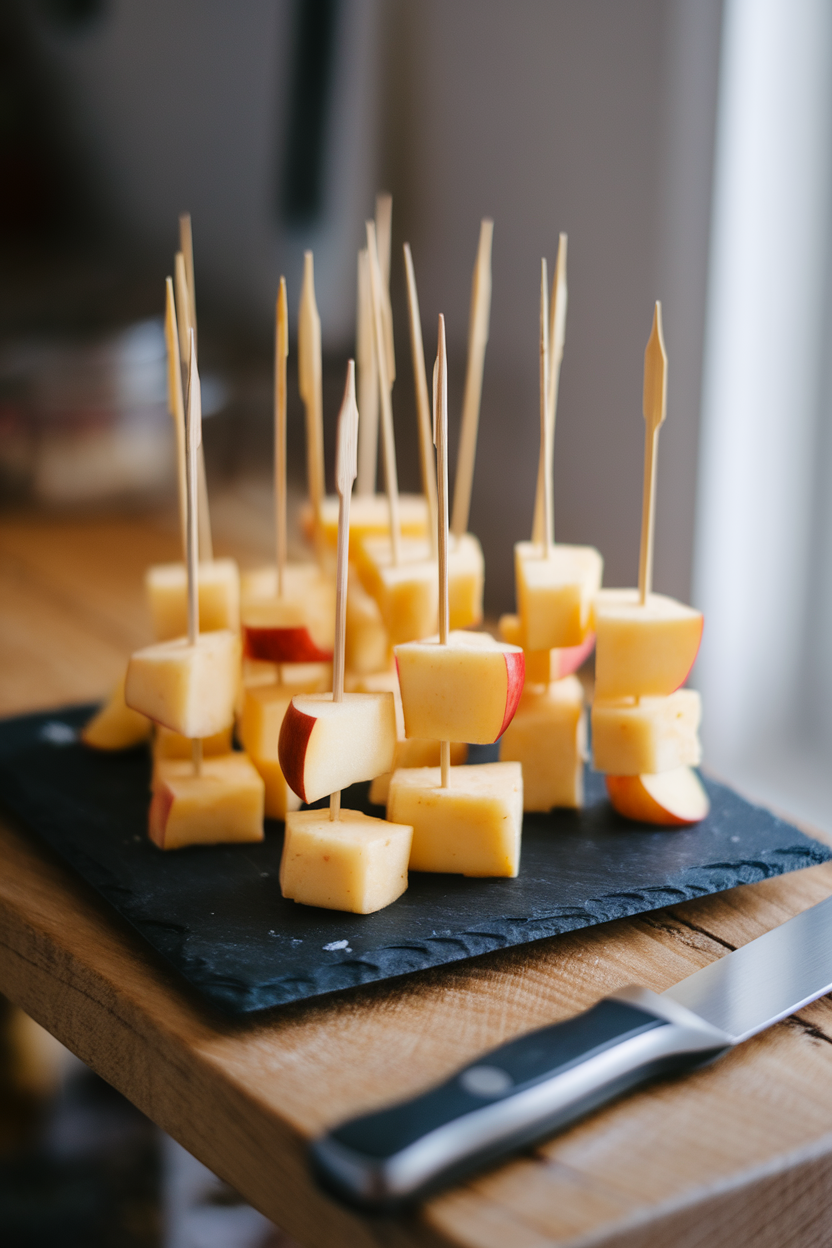 Indoor photo of short bamboo skewers threaded with apple cubes and sharp cheddar chunks arranged on a slate platter; soft window light, no text or logos.