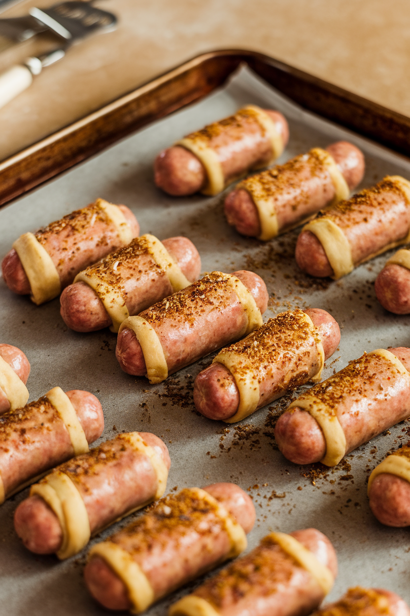 An indoor baking sheet with mini sausages wrapped in golden dough, sprinkled generously with everything bagel seasoning. No logos or text. Photo only.