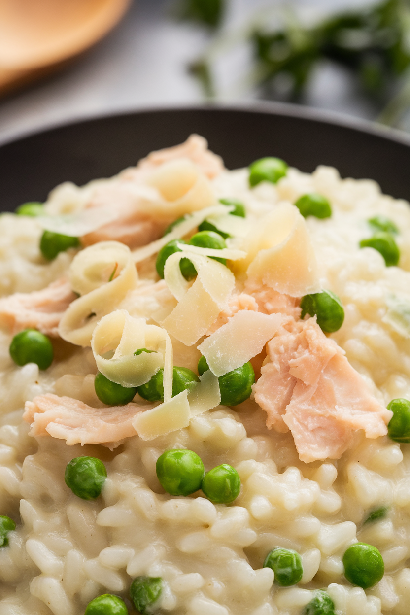 Indoor close-up of creamy risotto studded with green peas and flakes of cod, Parmesan curls on top. No text or logos.