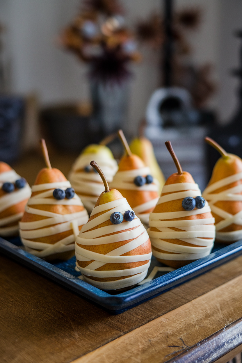 A rectangular platter indoors where halved pears are wrapped in thin slices of cheese to resemble mummies, with two blueberry eyes peeking out. No text or logos.