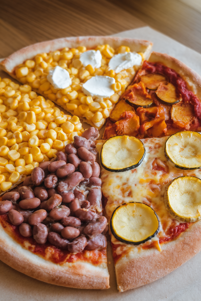 Indoor shot of a pizza divided into three wedges, each with different toppings—corn, beans, squash—representing the three indigenous crops. Photo only, no text or logos.