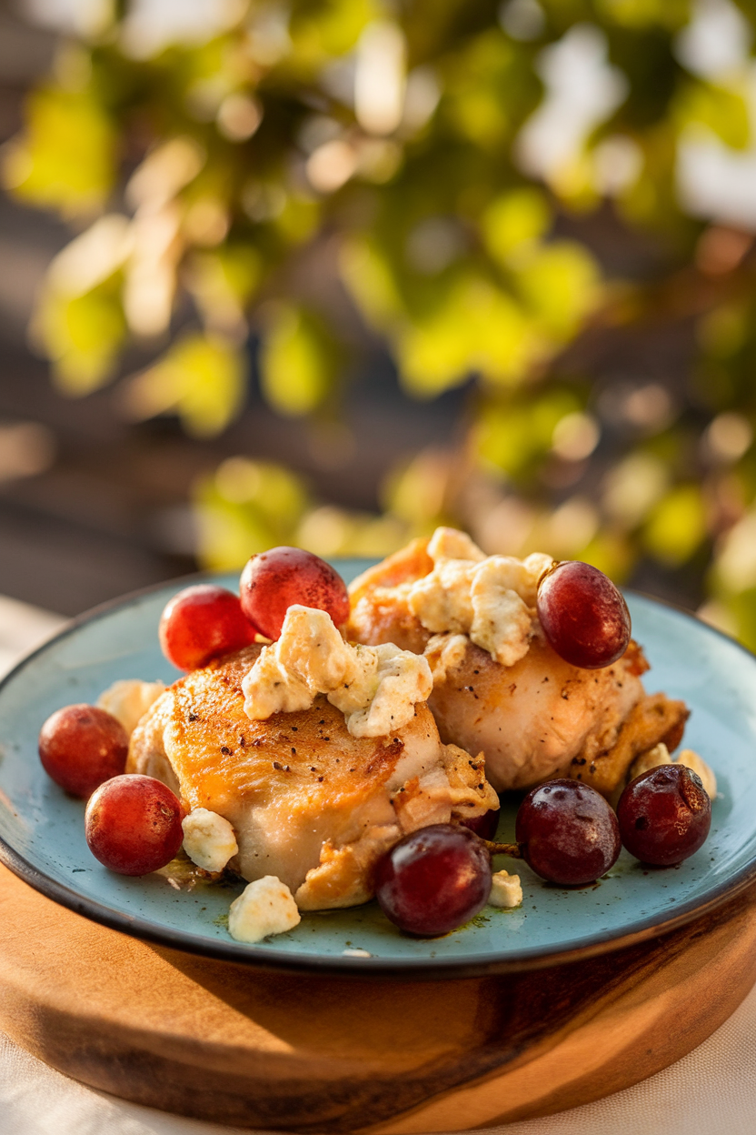 Indoor plate of pan-roasted chicken thighs topped with roasted red grapes and melted gorgonzola crumbles. No text or logos.