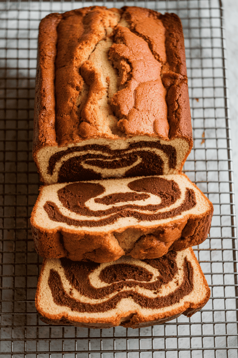Indoor baking rack with a loaf cake sliced to reveal chocolate hazelnut spread swirled through vanilla batter. No text or logos. Photo.
