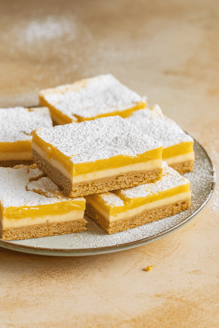 Photo of powdered-sugar-dusted lemon bars stacked slightly offset on a plate indoors. No text or branding present.