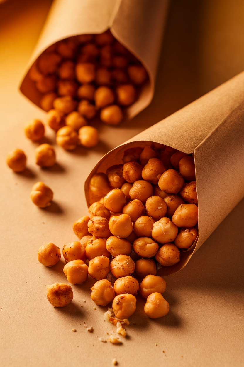 Indoor tabletop with kraft paper cones filled with seasoned, roasted chickpeas spilling slightly onto the surface. Warm lighting; no logos or text.