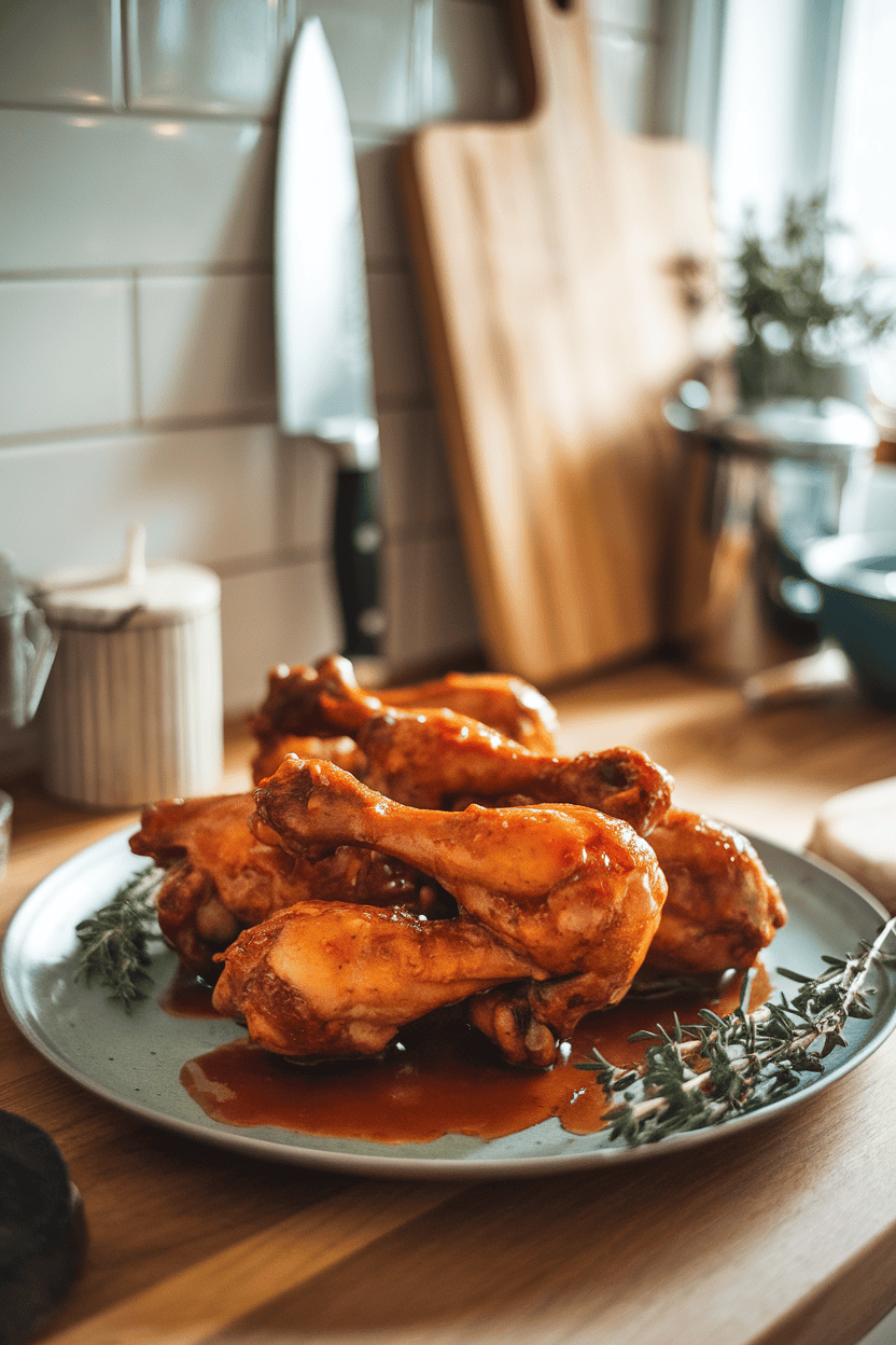 Cozy indoor kitchen counter featuring glazed chicken drumsticks on a platter, sticky sauce pooling underneath. No text or logos present. Photo, not illustration.