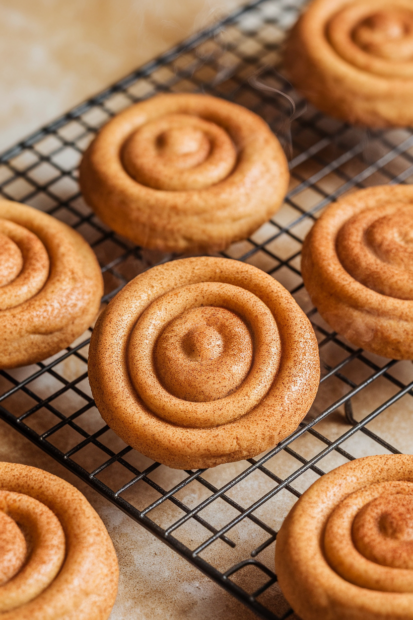 An indoor cooling rack with soft pumpkin snickerdoodle cookies coated in cinnamon-sugar, steam faintly rising. Photo only, no text or logos.