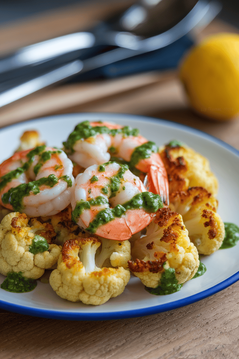 Indoor plate with vibrant green chimichurri drizzled over plump shrimp and caramelized cauliflower florets. Photo only, no logos or text.
