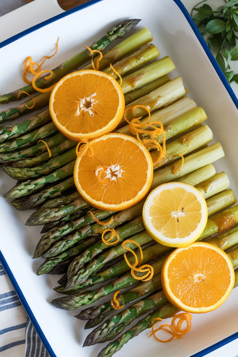 Photo of broiled asparagus spears on a white indoor platter, zest of orange and lemon scattered on top; no text or logos.