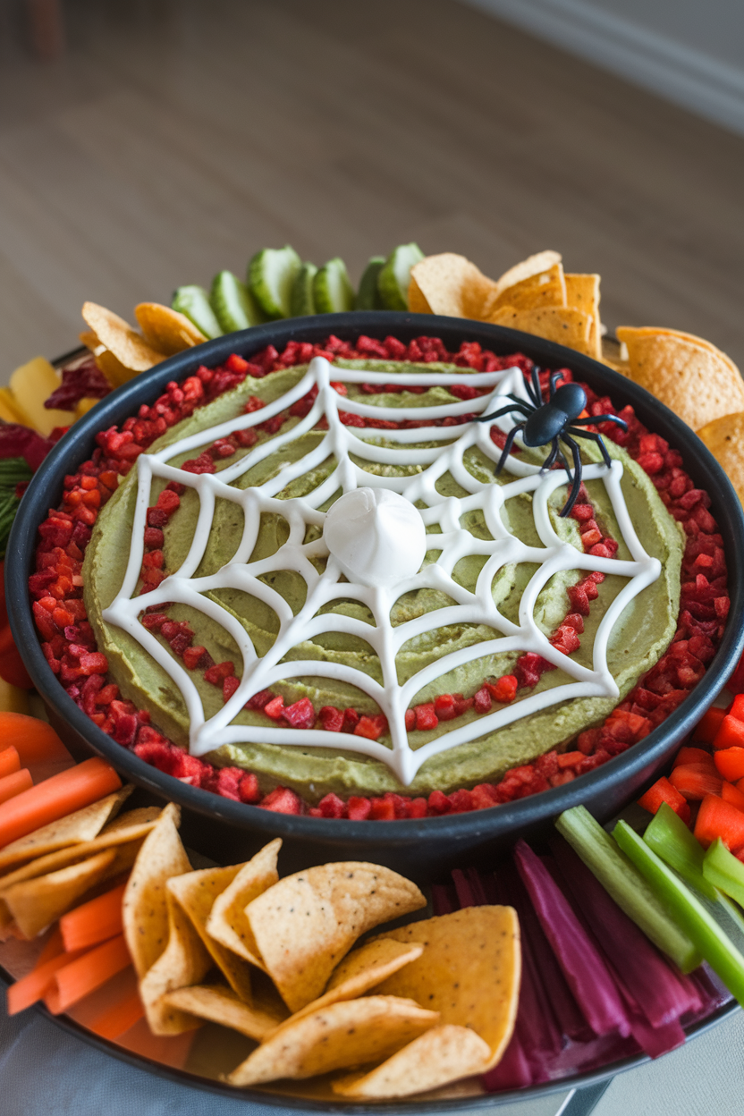 Round indoor dish of seven-layer dip with sour cream piped in a spiderweb pattern over guacamole, small plastic spider on the side. No text or logos.