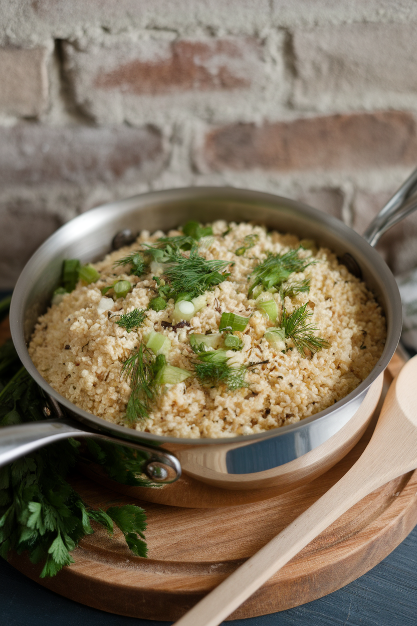 An indoor saucepan of fluffy bulgur dotted with chopped parsley, dill, and scallions, wooden spoon resting nearby. No logos or text.